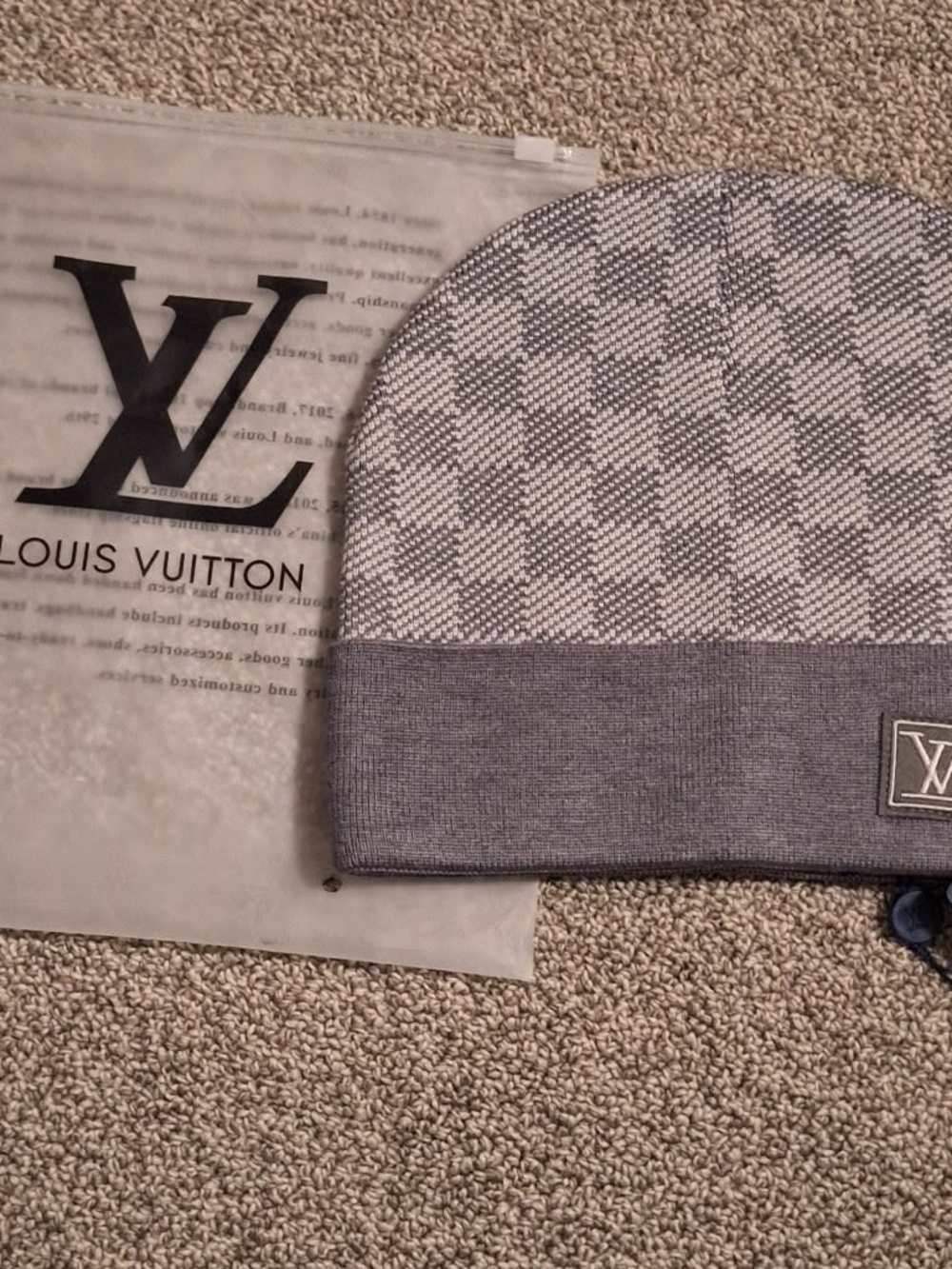 Louis Vuitton Gray Check Knit Beanie with Logo Patch
